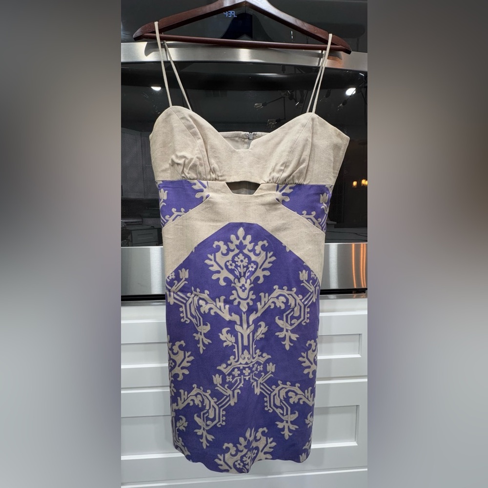 Nicole Miller Collection Linen Blend Dress Size 10 Purple Beige Jacquar